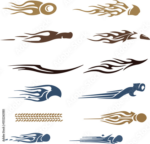 Collection of dynamic flame and tribal style racing stripes and decals for vehicles in brown and blue tones