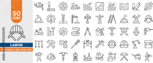 Labor Line Icon Set – Editable Line Vector Icons for Labor Day, Engineering, Construction, Renovation, Repair, Builder Tools, Helmet, Gear, Crane, Bricks & More. Editable Stroke. Vector illustration