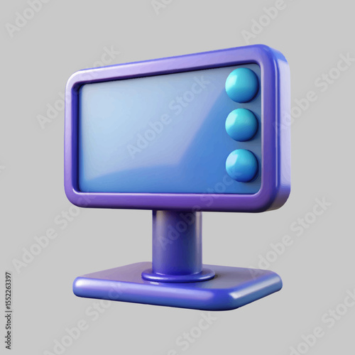 Rendered monitor features a modern design with sleek frame and three round buttons against a transparent backdrop.