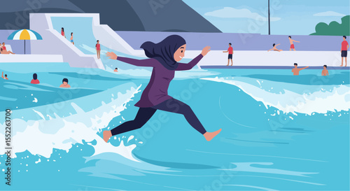 Young Muslim woman running on water at water park in summer  