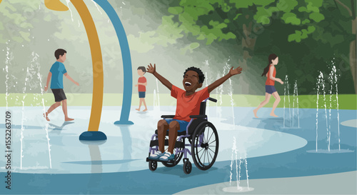 Happy black boy in wheelchair playing at water park with friends  