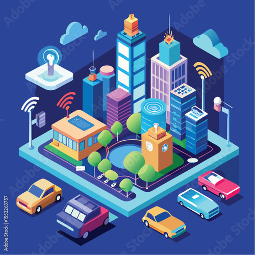 Isometric view of city street with buildings and urban design elements