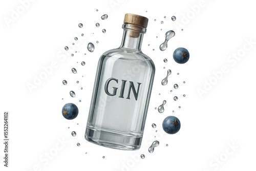 Gin bottle isolated on transparent background, with juniper berries and drops