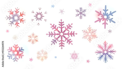 Vector illustration of a snowflake with a watercolor effect, using soft colors and gradients to create a sense of depth and texture.