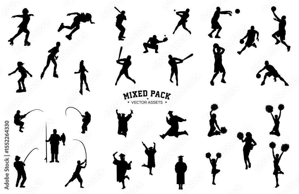 Diverse Athletic Silhouettes Pack: A dynamic compilation of silhouetted figures engaged in a variety of sports and activities, rendered in bold black against a neutral backdrop, capturing motion. Diverse Athletic Silhouettes Pack: A dynamic compilation of silhouetted figures engaged in a variety of sports and activities, rendered in bold black against a neutral backdrop, capturing motion.