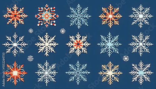 Vector snowflakes in flat design with bright colors and clear outlines. Each snowflake should have a unique pattern or shape, but remain within the framework of a solid background.