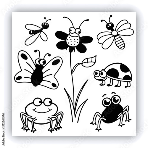 Set of insect illustrations, butterfly, caterpillar, cricket, ant, rhinoceros beetle, stag beetle, ladybug, cockchafer, realistic in 3d style.	