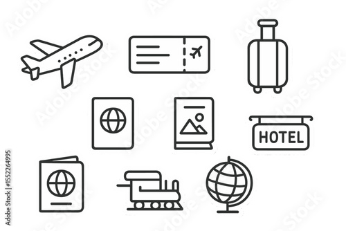 Travel Essentials Icons. Line style icons of stickers: airplane flying sticker, boarding pass sticker, suitcase icon sticker,