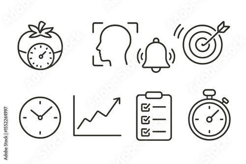 Productivity Tools Icons. Line style icons for productivity tools: pomodoro timer, focus mode, break reminder, goal setting, time