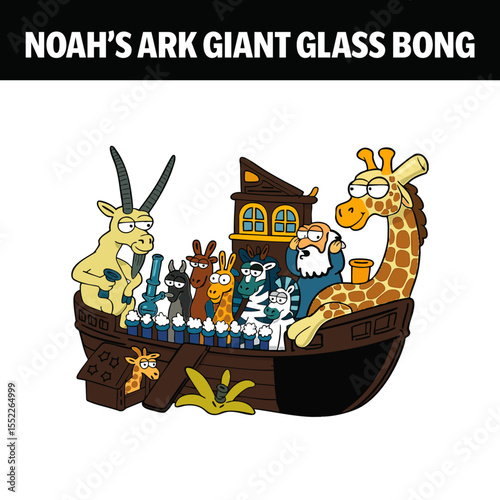 Cartoon Noah’s Ark Giant Glass Bong – Animal and Biblical Figure Smoking Pipe Illustration
