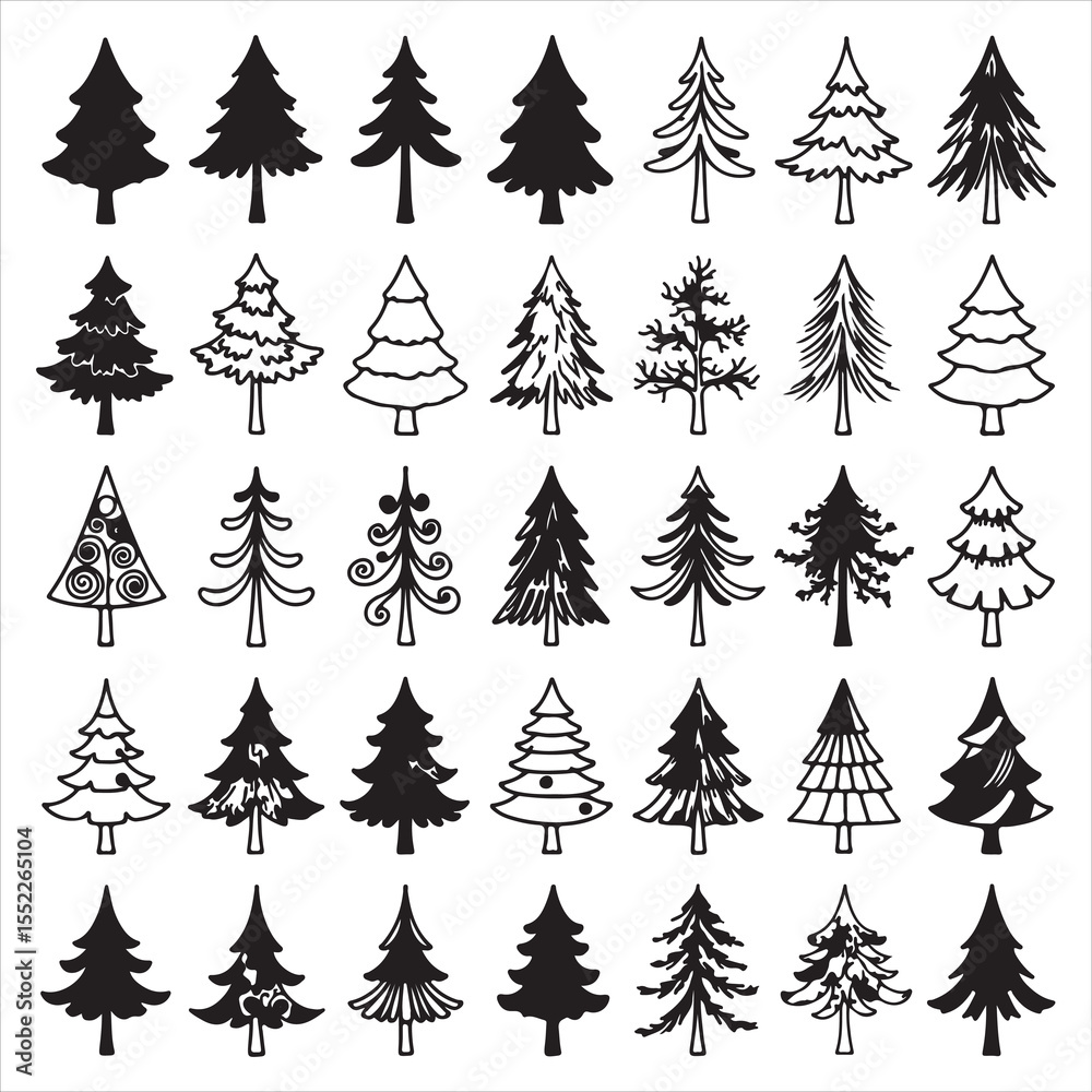 Obraz premium A Collection of Whimsical Christmas Tree Illustrations Diverse Shapes, Sizes, and Styles for Festive Holiday Designs and Creative Projects