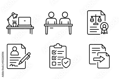 Startup Operations Icons. Line style icons of startup operations: workspace setup, coworking space, legal docs, terms and policies