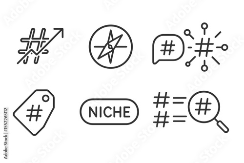 Trendy Icons in Line Style. Line style icons of hashtags and trends: trending hashtag, explore icon, tag bubble, viral trend,