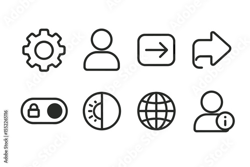 Account Settings Icons. Line style icons of account settings: settings gear, edit profile, login button, logout icon, privacy