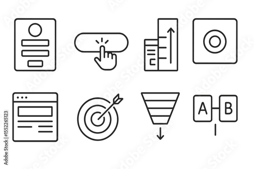 Conversion Optimization Icons. Line style icons of conversion optimization: lead form, CTA button, scroll tracker, heatmap,