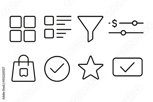 Product Filter Icons. Line style icons of product listing page: grid view, list view, sort filter, price slider, brand filter,