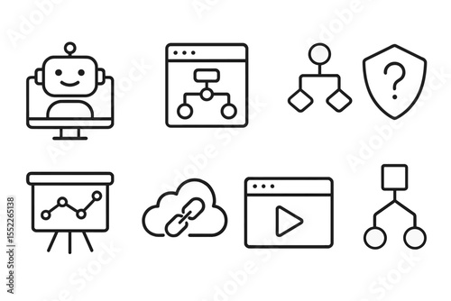 Bot Configuration Icons. Line style icons of bot configuration: chatbot builder, workflow editor, intent mapping, fallback setup,