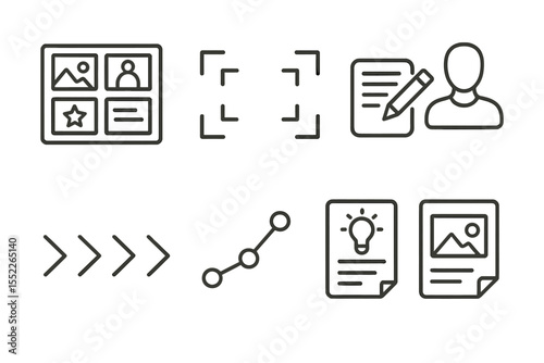 Visual Storytelling Icons. Line style icons of visual storytelling: storyboard icon, camera frame, script writing, character icon,