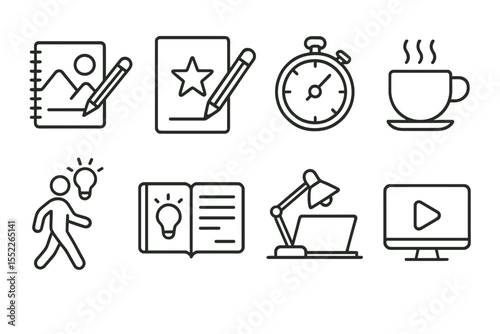Creative Routine Icons. Line style icons of creative routines: morning sketch, daily prompt, creativity timer, coffee break,