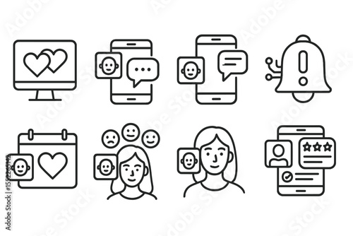 AI Dating Icons. Line style icons of AI in dating: match predictor, conversation coach, interest matcher, safety alert, date