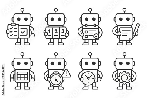 Productivity Bots Icons. Line style icons of productivity bots: to-do list, task prioritizer, daily planner, quick note, project