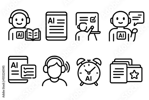 AI Education Icons. Line style icons of AI in education: AI tutor, homework checker, concept explainer, exam readiness bot,