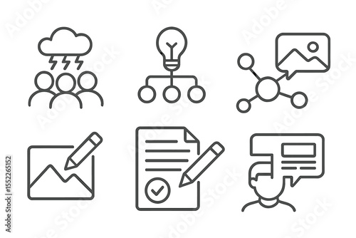 Concept Development Icons. Line style icons of concept development: brainstorming icon, idea branch, mind map, quick sketch, draft