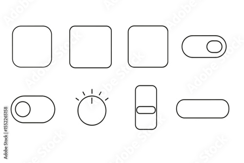 Neumorphism Design Icons. Line style icons of neumorphism design: soft button, blurred card, subtle shadow, curved toggle, volume