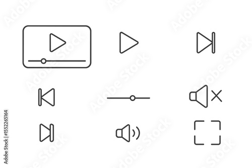 Media UI Icons. Line style icons of media UI: media player, play button, pause icon, next track, previous track, volume slider,