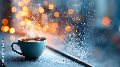 A steaming cup of cocoa rests by a frosted window, inviting warmth amidst winter's chill.