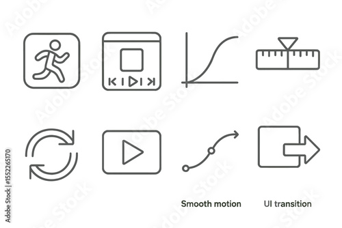 Animation Tools Icons. Line style icons of animation and motion design: animated icon, frame controller, easing curve, timeline