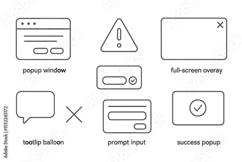 UI Modal Line Icons. Line style icons of UI modals: popup window, alert dialog, confirm box, full-screen overlay, tooltip balloon,