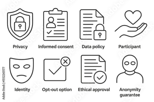 UX Ethics Icons. Line style icons of UX ethics and consent: privacy icon, informed consent, data policy, participant rights,