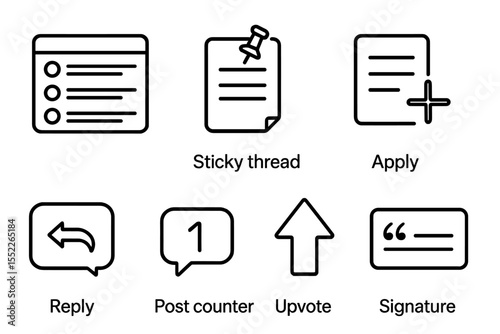 Forum Icon Set. Line style icons of forum platforms: forum layout, sticky thread, new topic, reply icon, post counter, upvote