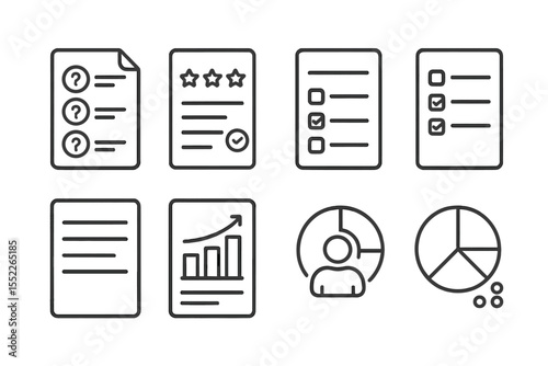 Survey Icons Collection. Line style icons of surveys and polls: question set, rating scale, single choice, multiple choice, open