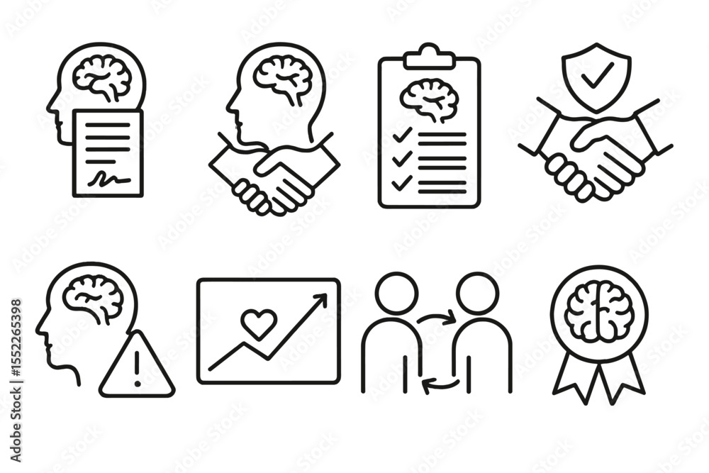 Fototapeta premium Psychology Business Icons. Line style icons of psychology in business: psychological contract icon, unspoken agreement paper,