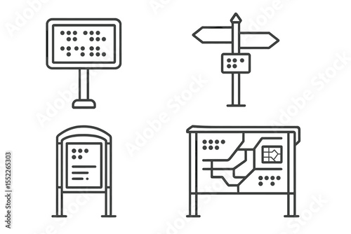 Urban Braille Navigation Icons. Line style icons of urban navigation for visually impaired: outdoor Braille board, local guidepost