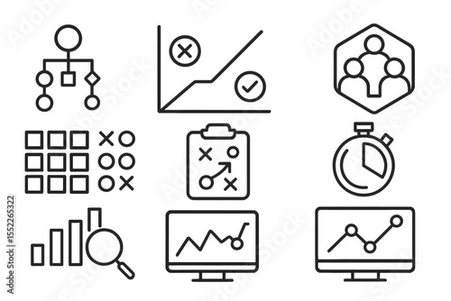 Esports Training Icons. Line style icons of esports training: skill tree planning, character matchup graph, role synergy icon,