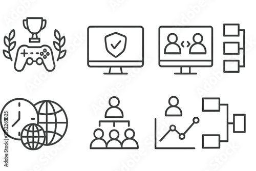 Esports Line Icons. Line style icons of esports training: tournament scrim icon, qualification test screen, pre-match lobby,