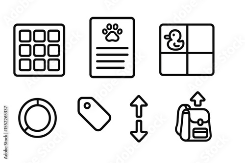 Virtual Pet Care Icons. Line style icons of virtual pet care: item inventory icon, pet gear list, toy slot box, item filter tool.