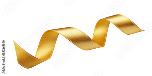 Shiny Gold Ribbon Wavy Curled Decorative Silk Texture Isolated on White Background
