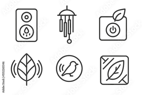 Biophilic Audio Icons. Line style icons of biophilic design and eco interiors: rain sound speaker, wind chime icon, nature noise