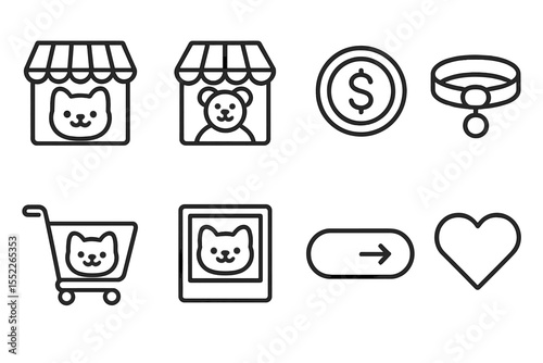 Virtual Pet Icons. Line style icons of virtual pet care: virtual pet store, toy shop icon, in-app currency icon, pet accessory.
