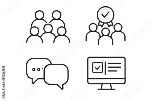 Modern Education Icons. Line style icons of new education formats: peer learning group, student team icon, collaborative board,