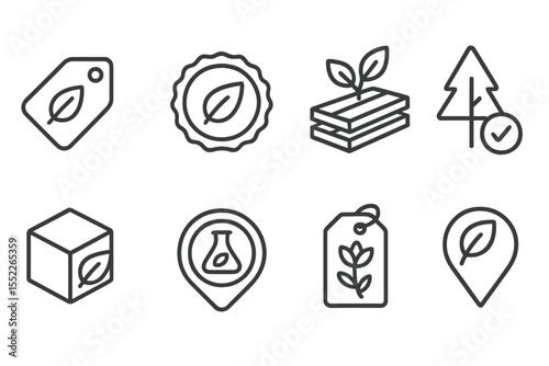 Eco-Friendly Icon Set. Line style icons of biophilic design and eco interiors: natural material label, eco-friendly seal,