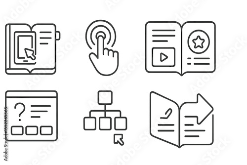 Interactive Education Icons. Line style icons of new education formats: interactive textbook, tap to explore icon, embedded media