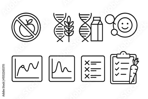 DNA-Based Nutrition Icons. Line style icons of DNA-based nutrition: food intolerance badge, gluten gene marker, lactose