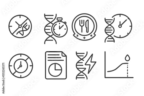 DNA Nutrition Icons. Line style icons of DNA-based nutrition: fasting suitability icon, intermittent fasting tracker,