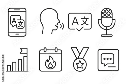 Modern Language Education Icons. Line style icons of new education formats: language learning app, speech practice icon, vocab