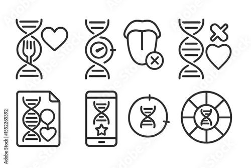 DNA Nutrition Icons. Line style icons of DNA-based nutrition: food preference gene, sweet taste receptor, bitter taste icon,